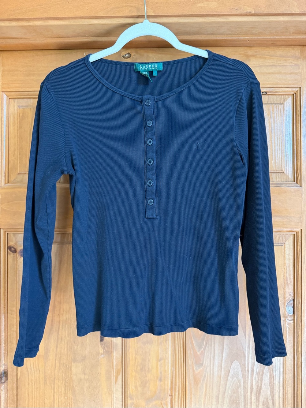 Lauren Ralph Lauren Navy Ribbed Henley Top with Button Placket